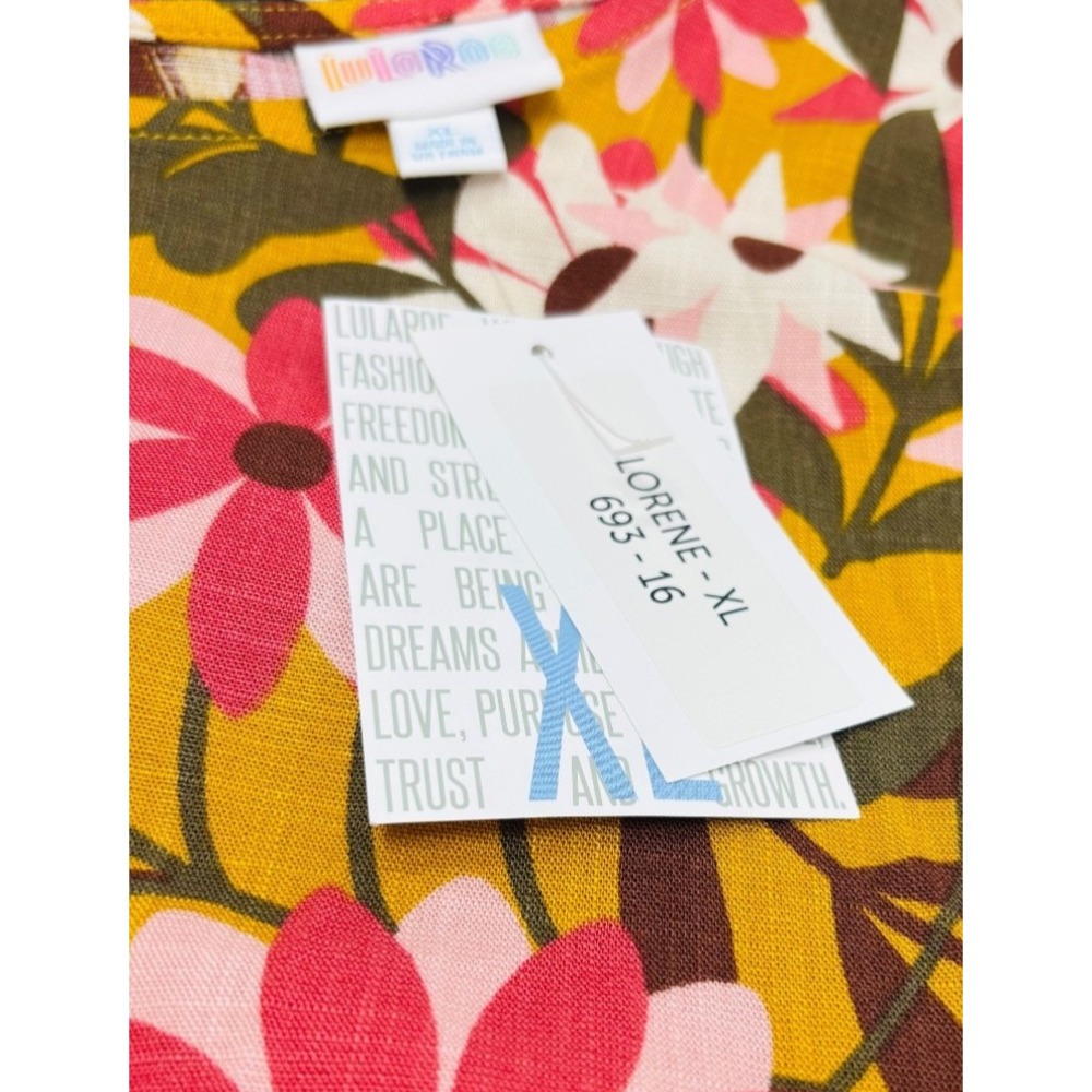 LuLaRoe Womens Dress Size‎ XL Lorene Dolman Midi Yellow Pink Floral Pockets NWT - Picture 3 of 6